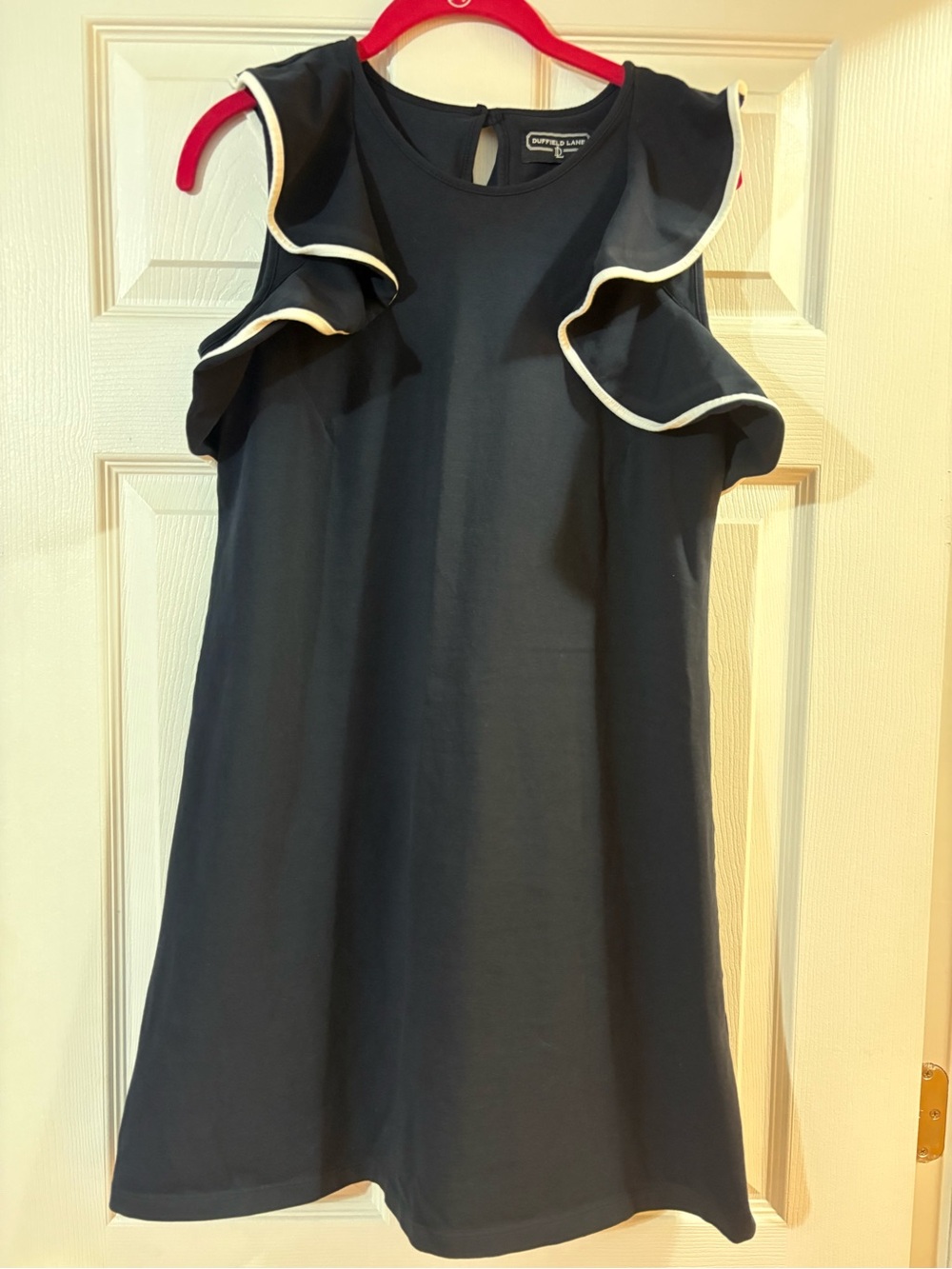 Duffield Lane Preppy Navy Ruffle Sleeve Shift Dress with White Trim Size Small